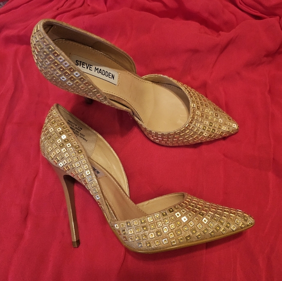 Steve Madden Varcityr Gold Multi D'Orsay Pumps Gold Sequin High Heels 8.5M - Picture 3 of 15